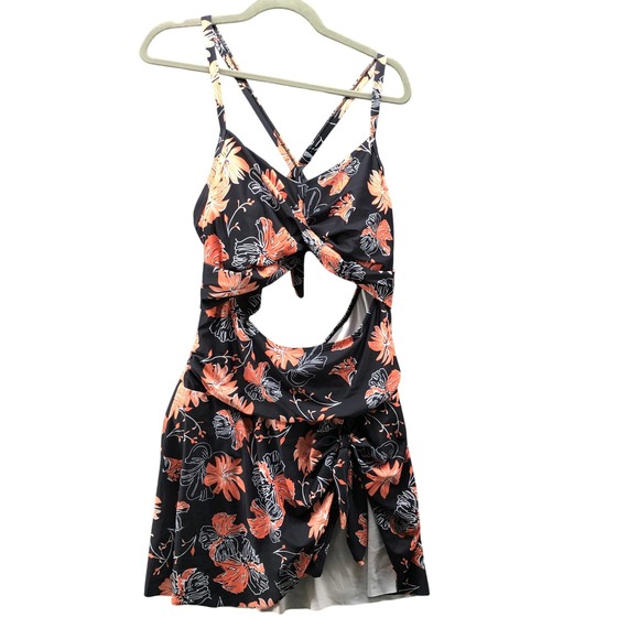 Zaful Other - Zaful Floral Cut-Out Swim Dress Women 2X (16-18) Black Orange Floral Tie Back